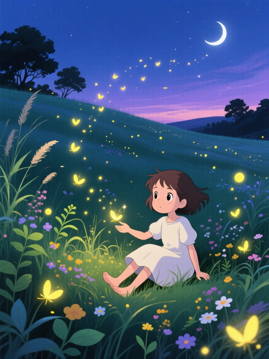 A nighttime scene of a firefly-lit meadow glowing softly after dusk, peacefully luminous.