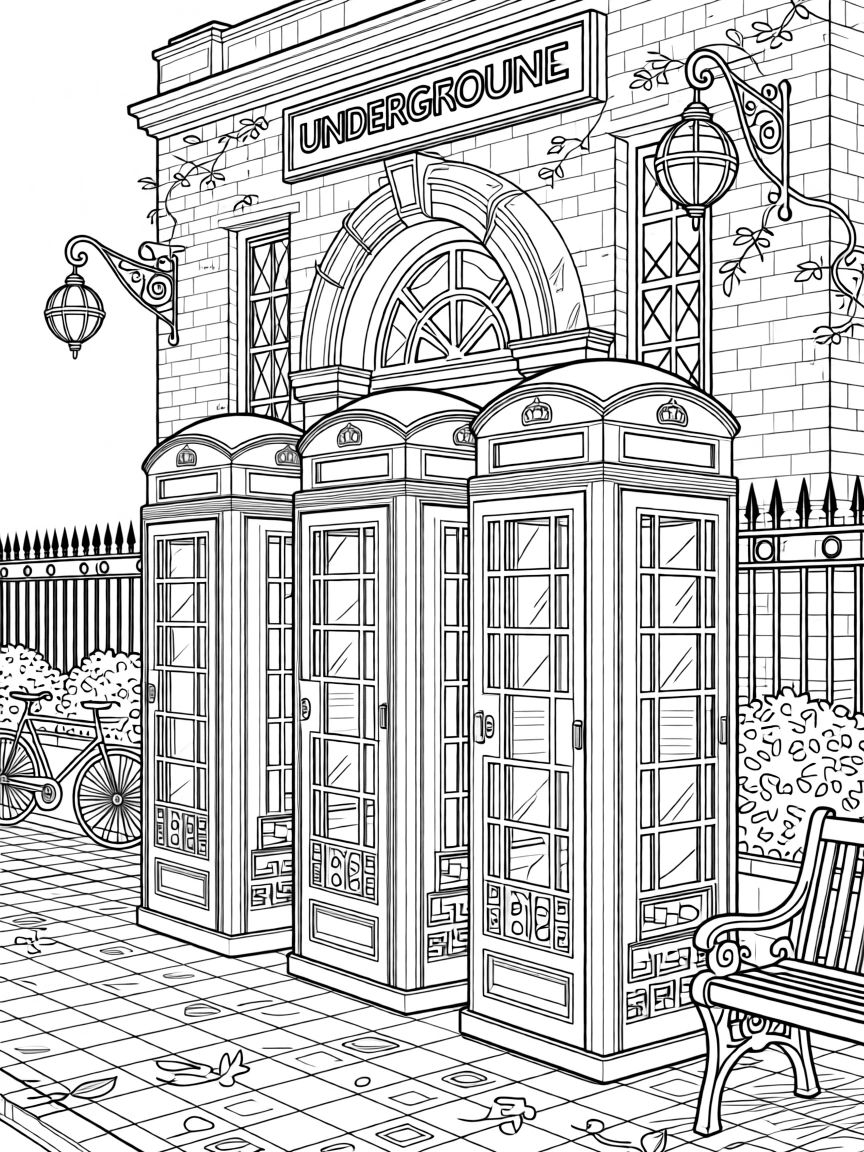 A row of red phone booths outside an old underground station.