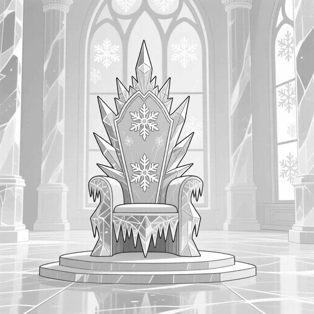 A snow queen's ice throne in a frozen palace hall
