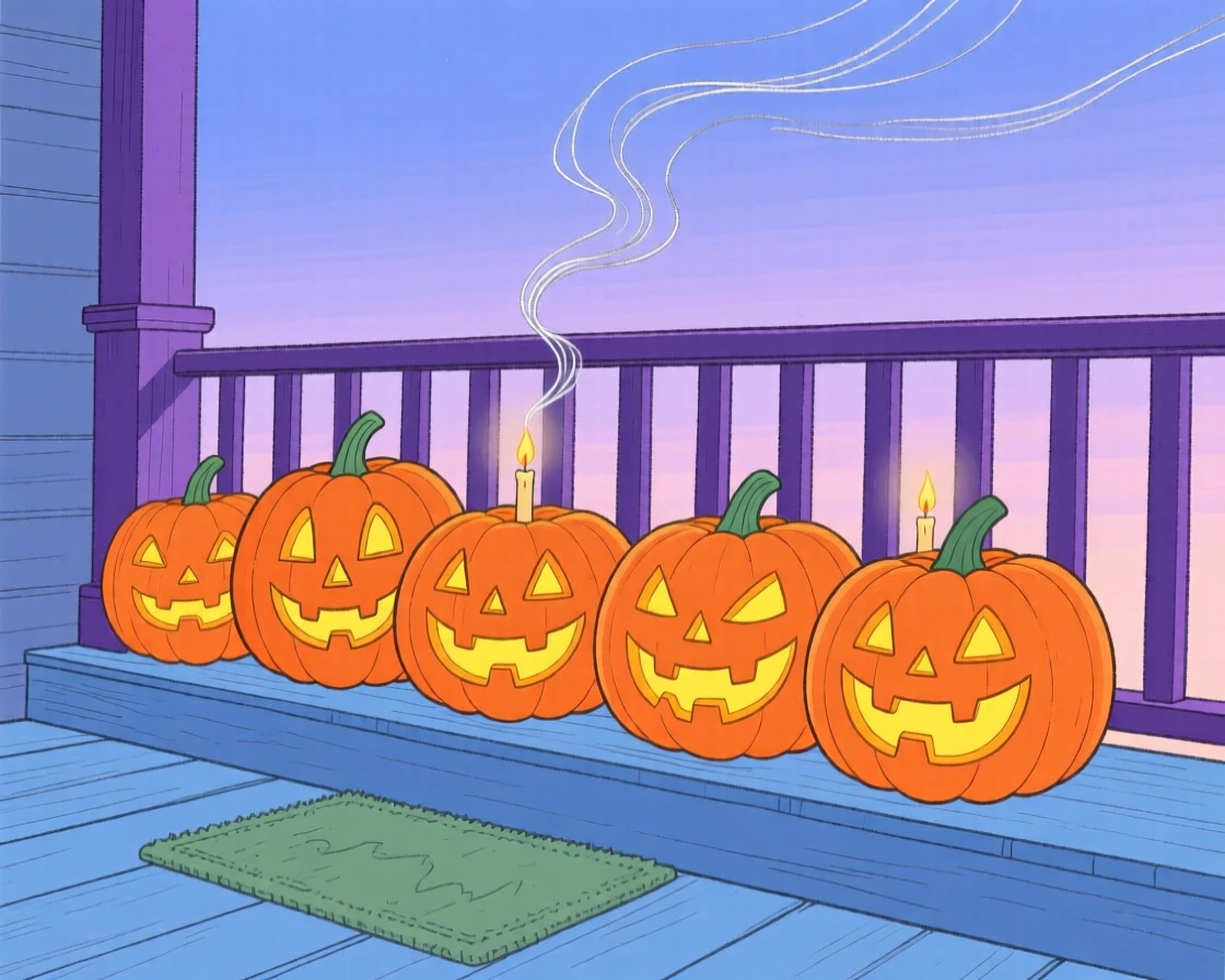 A row of jack-o'-lanterns lit up on a porch at dusk.