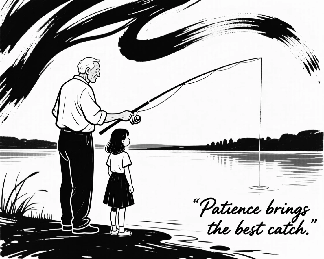 A grandfather teaching his granddaughter to fish by a quiet lake.