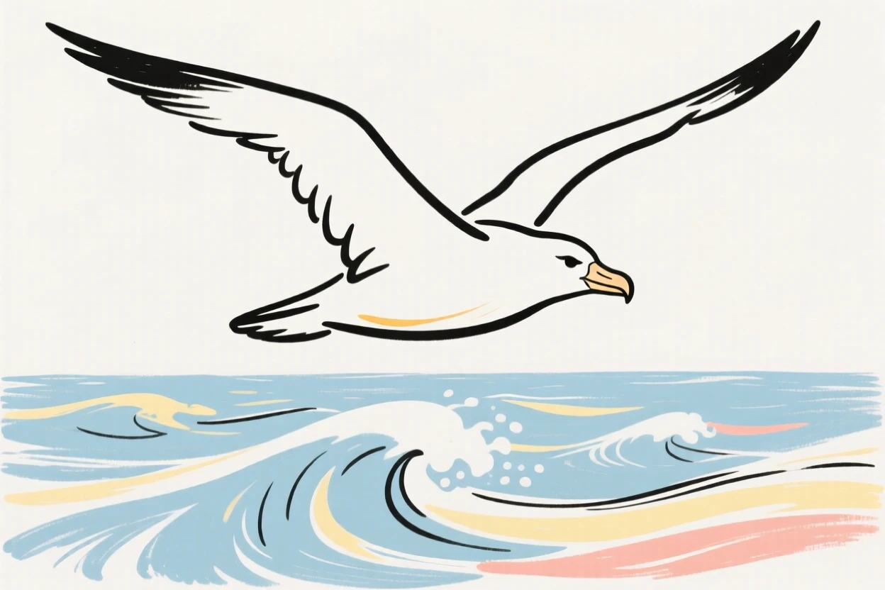 An albatross gliding effortlessly over open ocean waves.