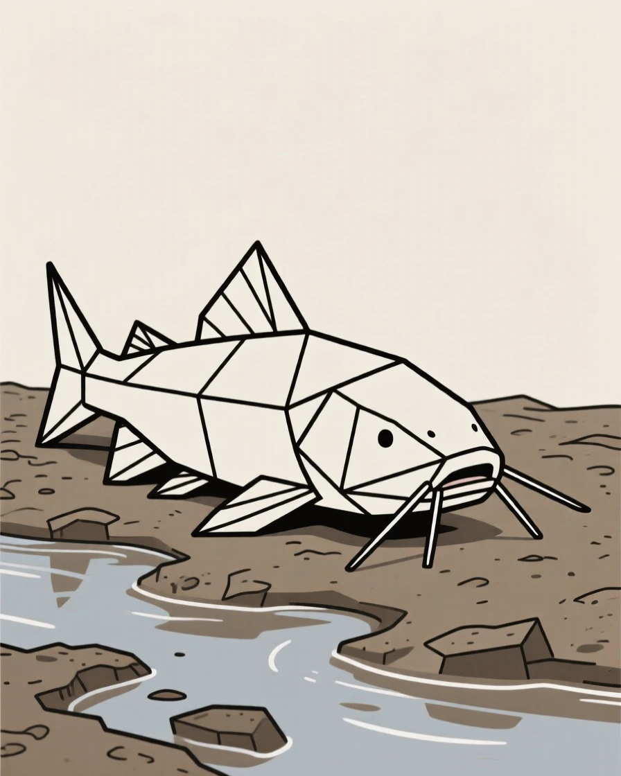 A catfish resting on a muddy riverbed