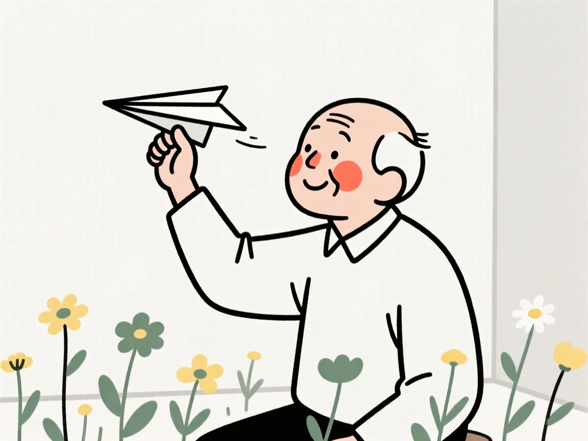 An elderly man flying a paper airplane indoors, in a field of wildflowers.