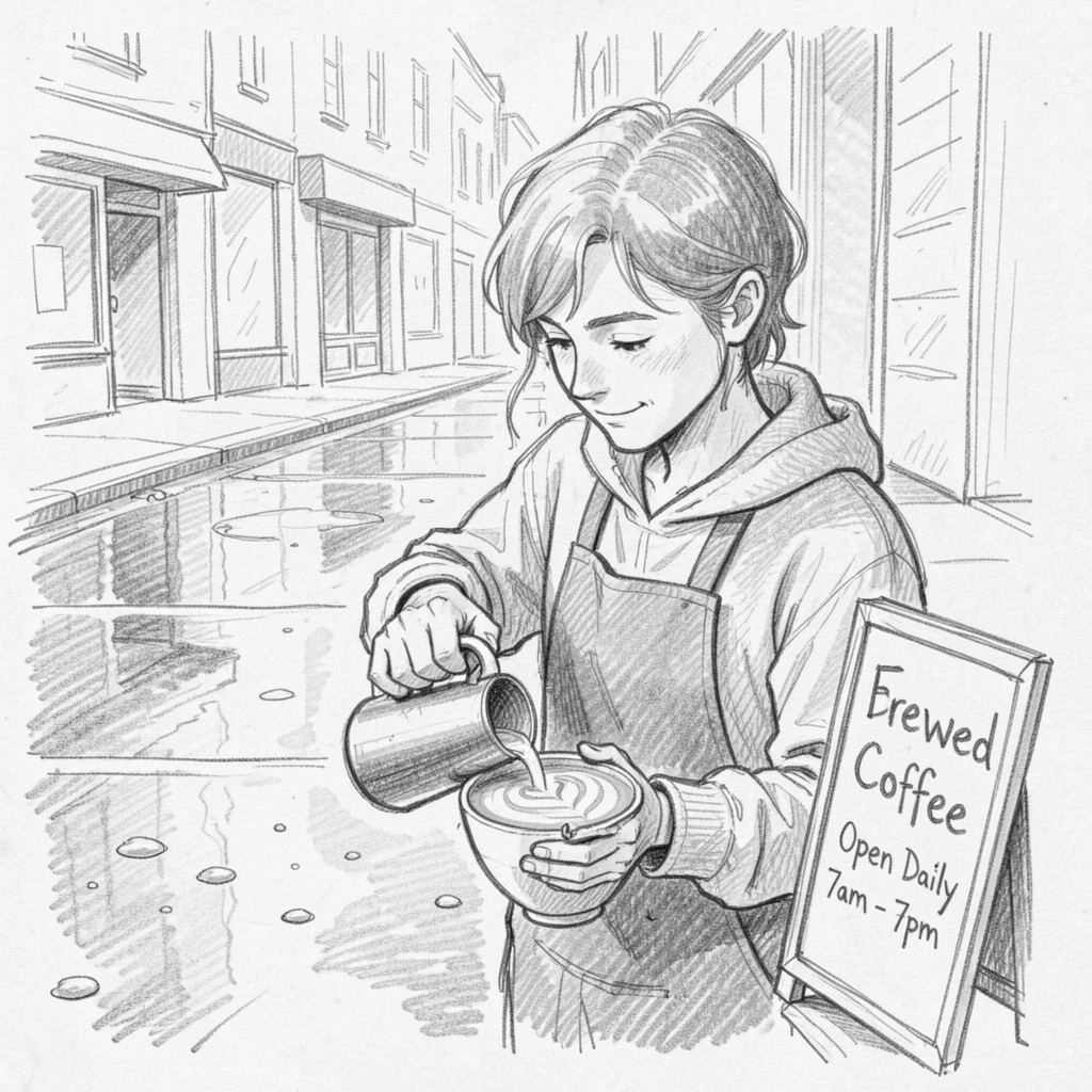 A candid slice-of-life scene of a barista carefully pouring latte art on a rain-slicked city street, with quiet everyday contentment.