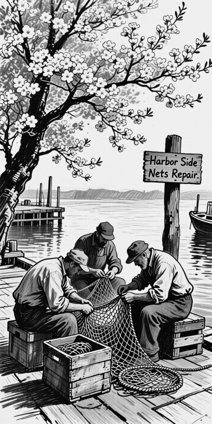 Fishermen mending their nets at a small harbor, beneath blossoming trees in full bloom.