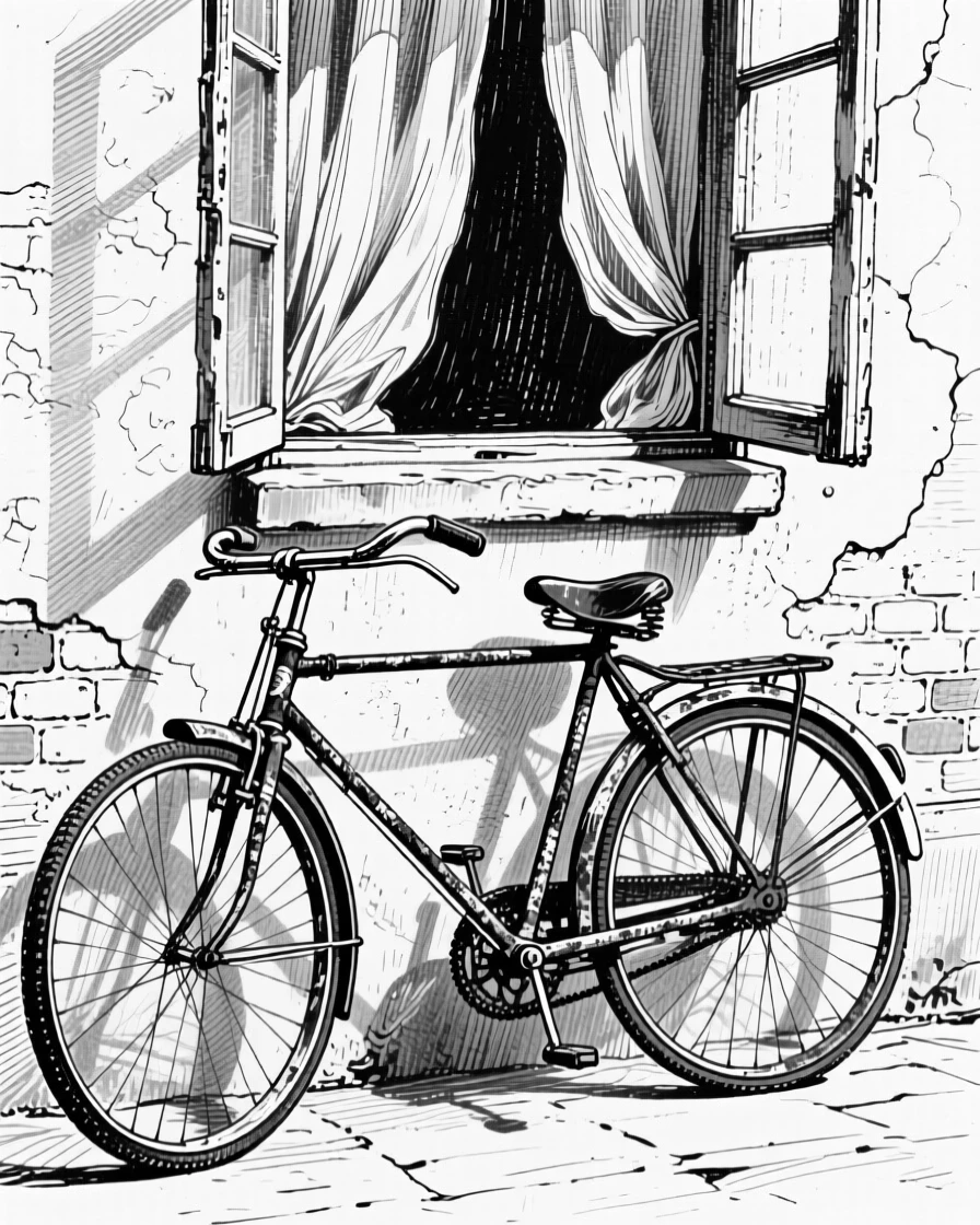 An old bicycle leaning on a wall placed near an open window with curtains drifting, with fine scratches telling of years of use, forming a refined and understated still-life study.