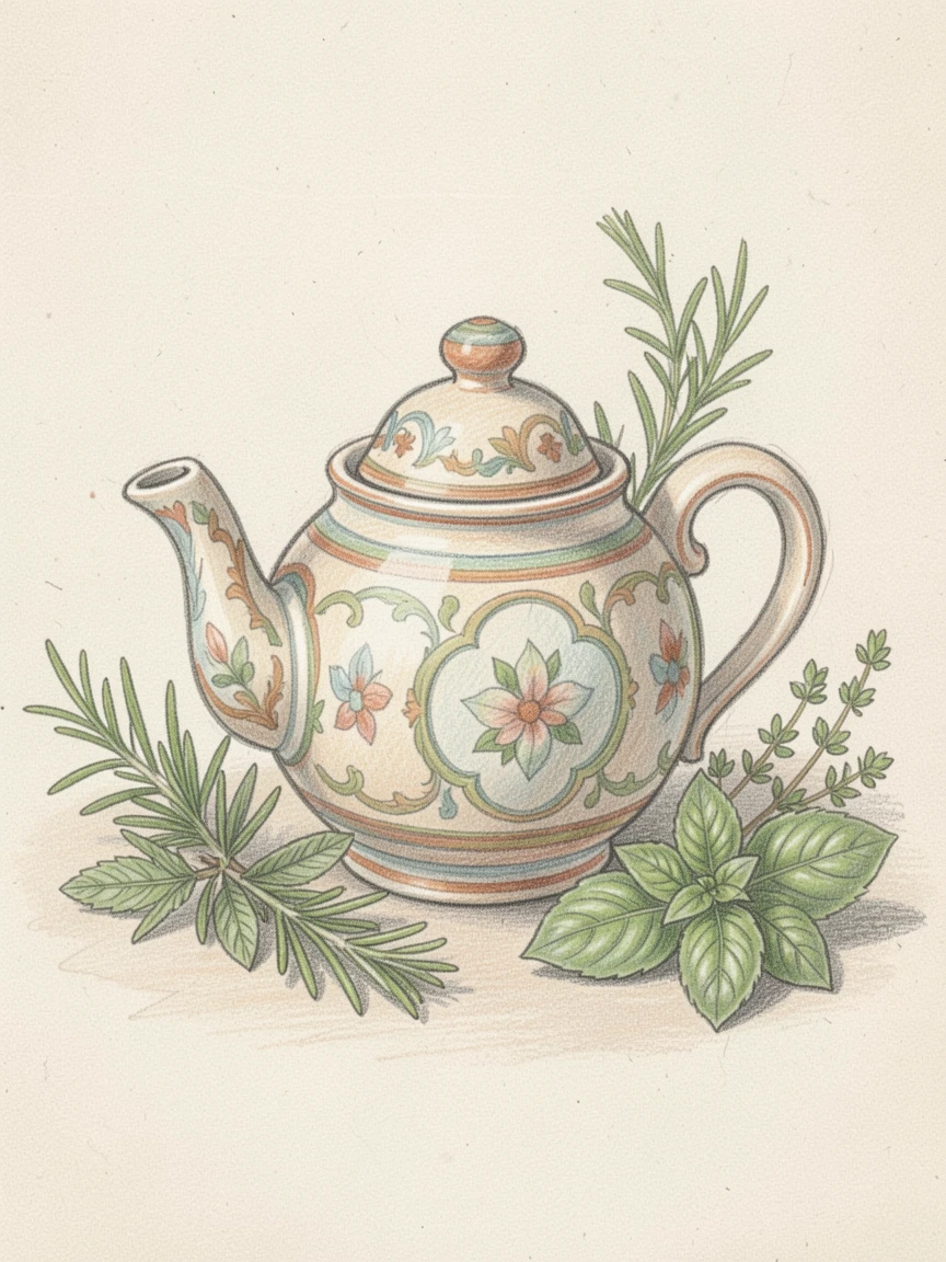 A decorative ceramic teapot surrounded by fresh herbs, captured with careful, elegant composition, evoking nostalgia, charm, and quiet elegance.