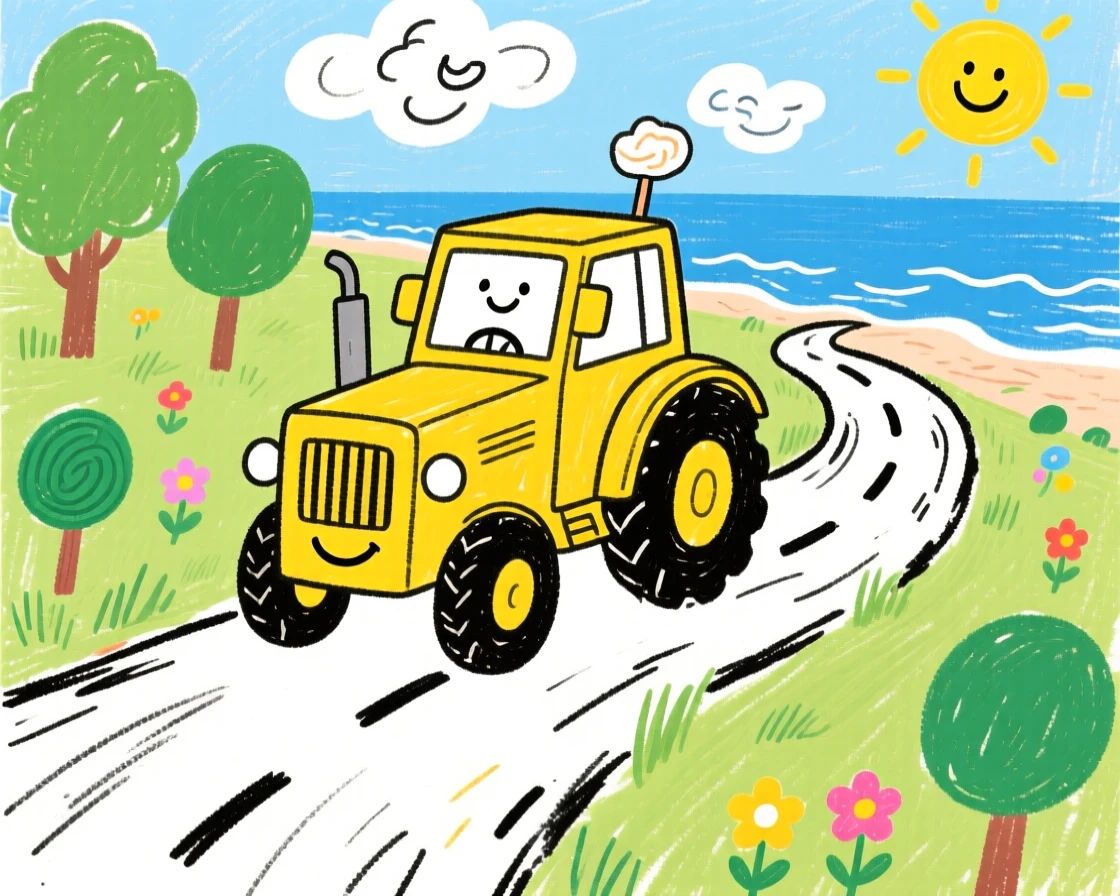 A sturdy yellow tractor traveling along a winding coastal road.