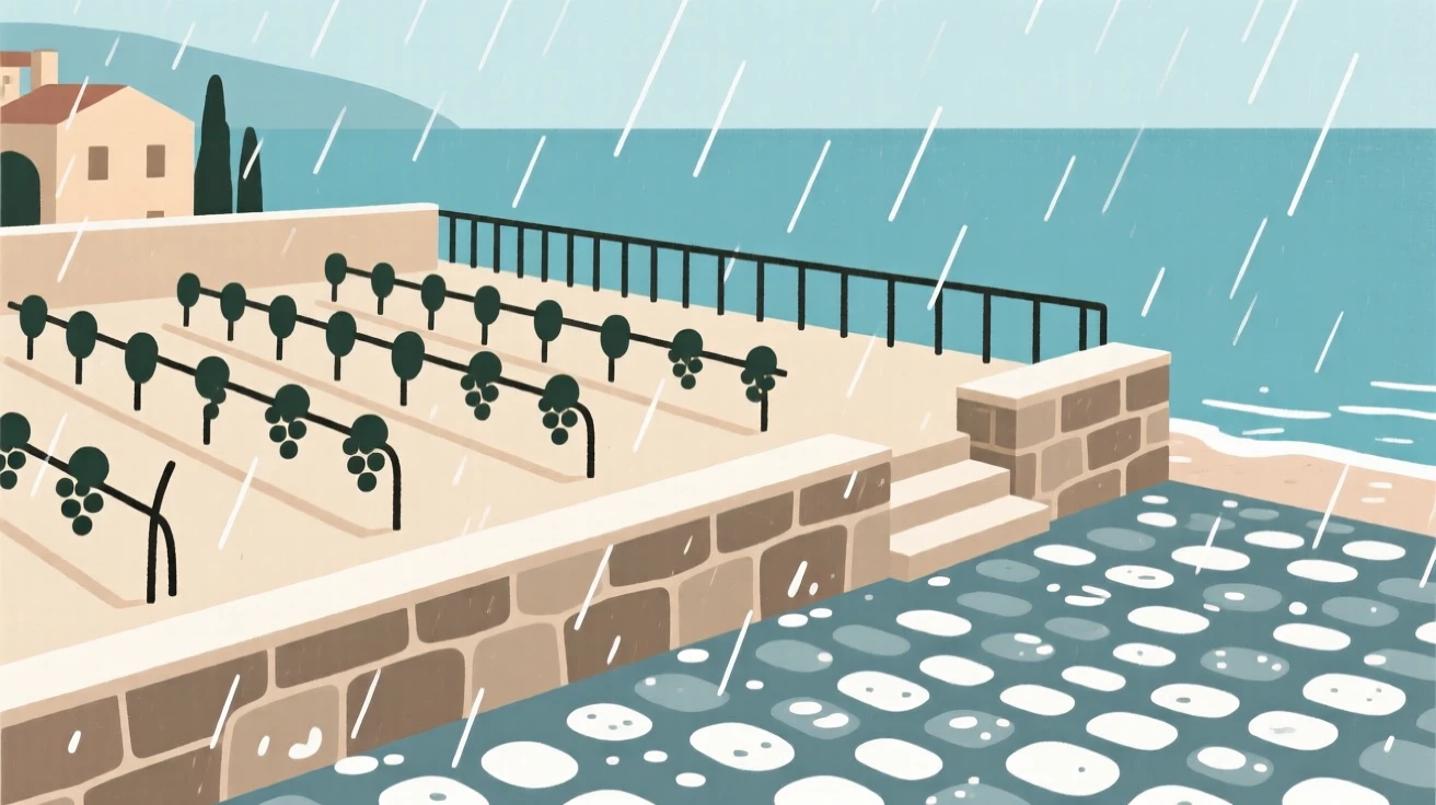 A view of a vineyard terrace at a coastal Mediterranean town, framed by cobblestone streets glistening with rain, capturing adventurous excitement.