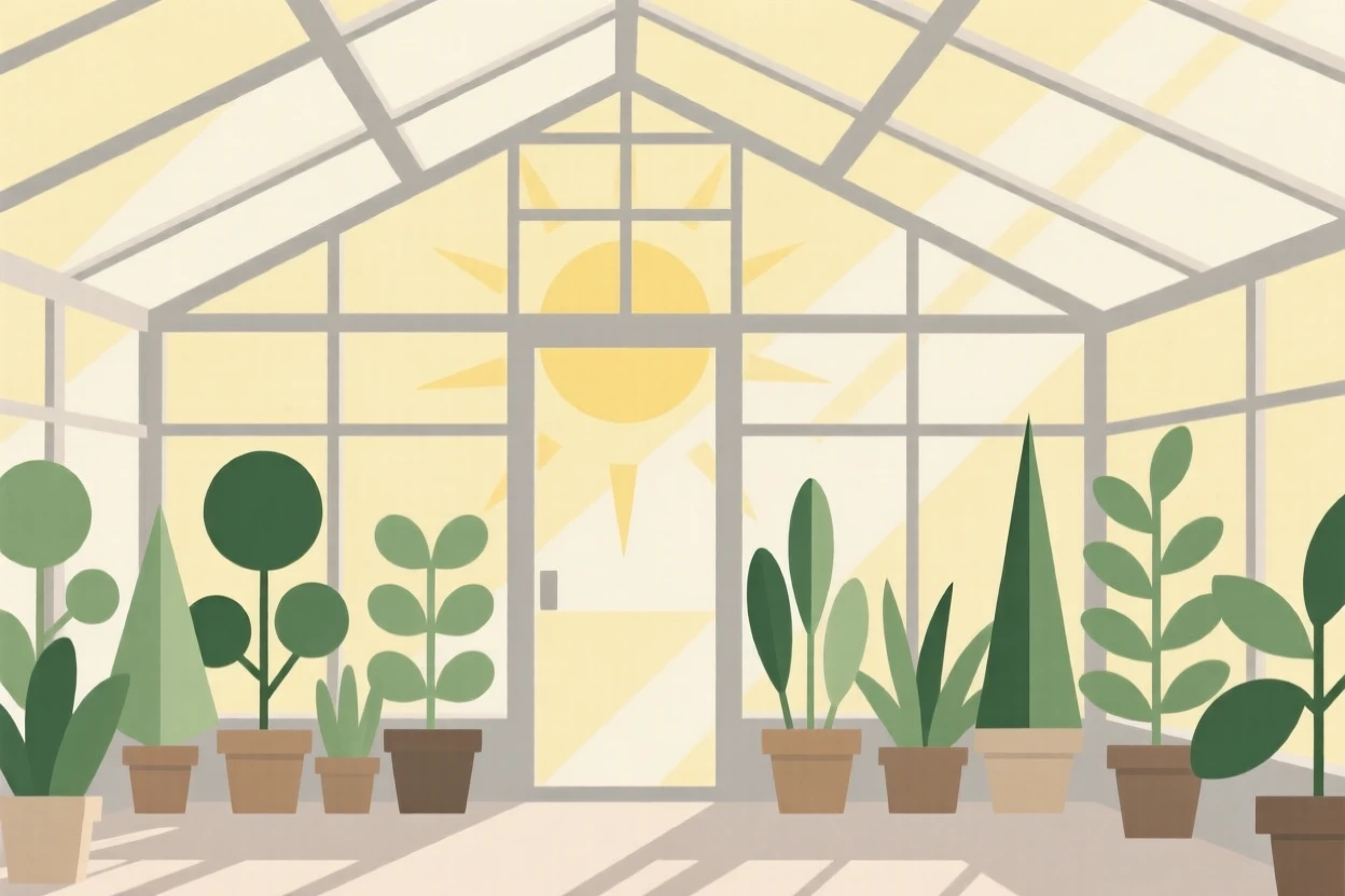 A sunlit conservatory filled with plants