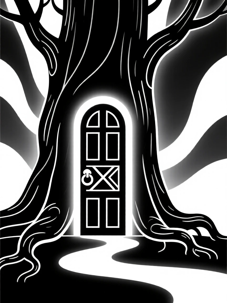 A magical door glowing at the base of an ancient tree.