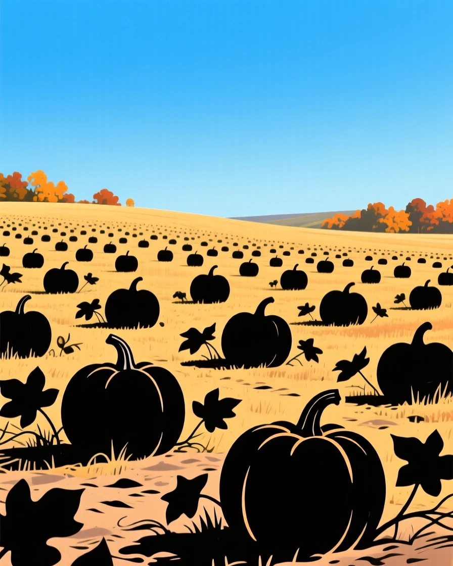 A pumpkin patch stretching across a field under a crisp blue autumn sky.
