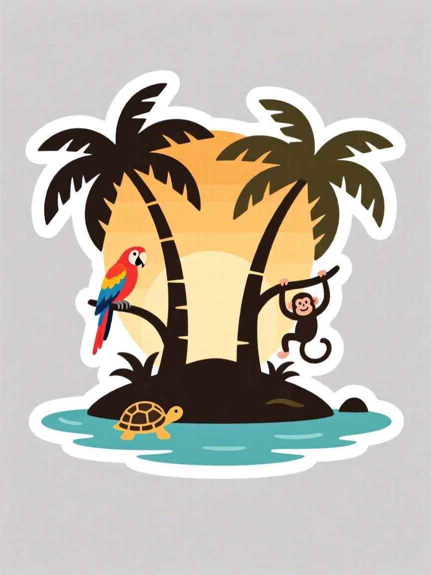 A serene tropical island with palm trees, bathed in golden hour light, where wildlife roams freely.
