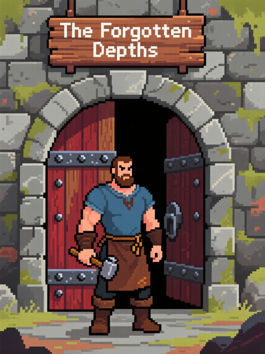 A village blacksmith standing before the entrance to a hidden dungeon, in a retro-style fantasy kingdom.