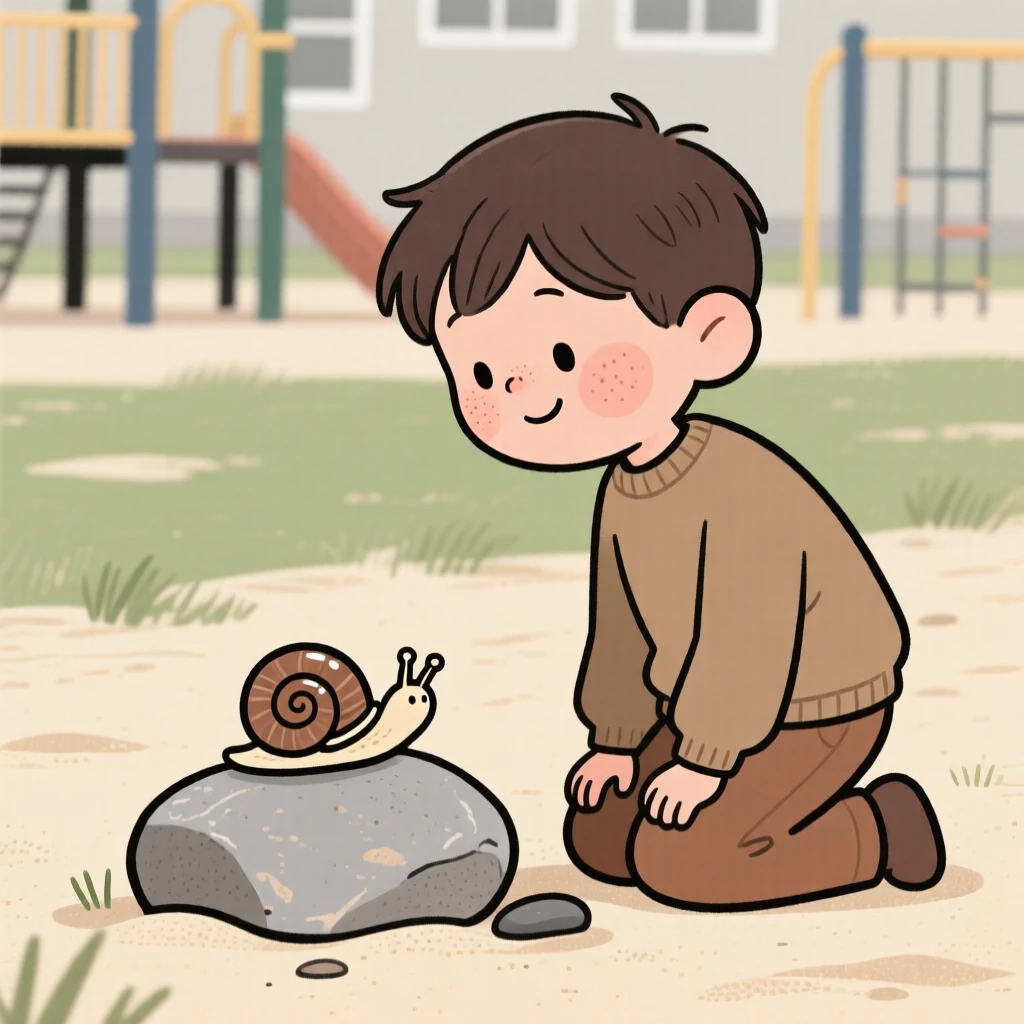 A curious little boy kneels beside a snail on a stone in the school playground, watching intently as it climbs over a pebble.