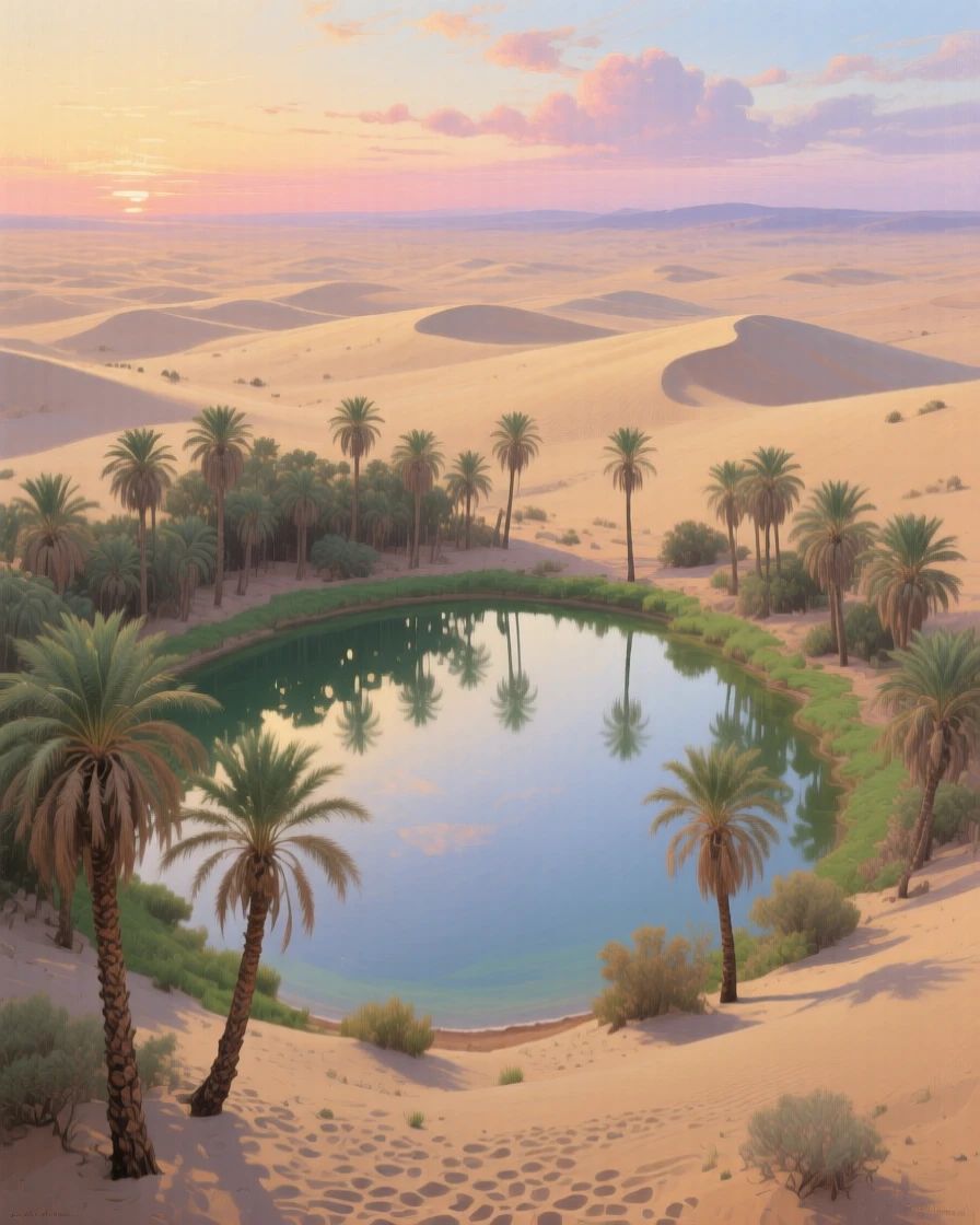 A sweeping aerial perspective of a remote desert oasis ringed with palm trees, beneath drifting clouds, at twilight.