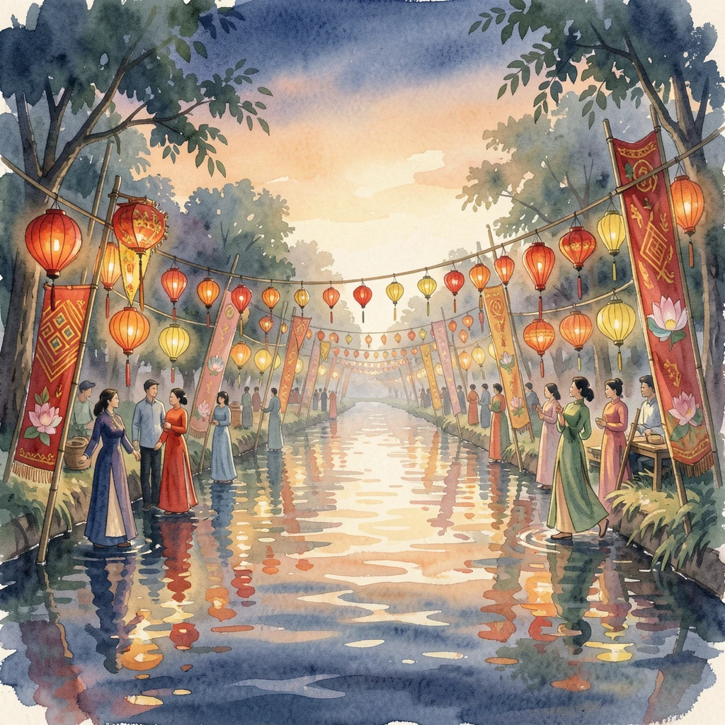 A traditional Vietnamese lantern festival on a river surrounded by vibrant traditional decorations.