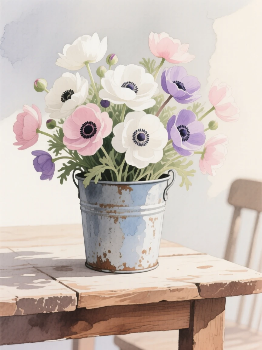 A bouquet of anemones in soft, layered tones fills a rustic tin bucket on a rustic farmhouse table, petals catching the gentle light