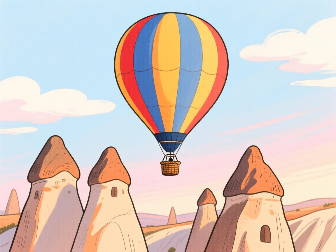 A memorable scene of a hot air balloon rising over Cappadocia's stone chimneys.