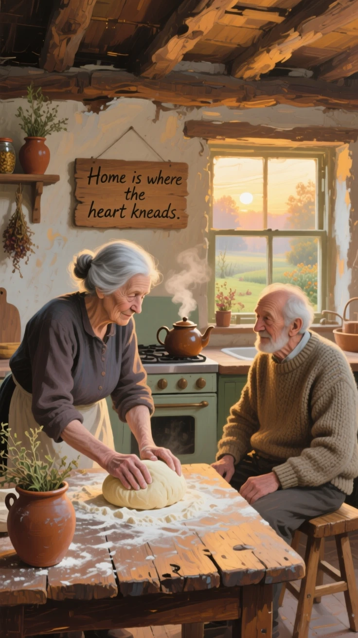 Beside a rustic wooden table in a farmhouse kitchen, a grandmother kneading dough in a warm kitchen, an easy, warm conversation with a companion, in the quiet hush just after sunrise.
