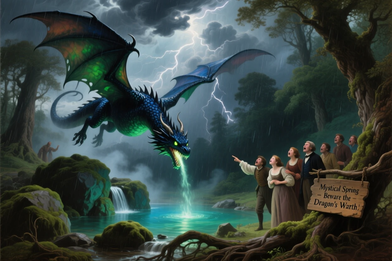 A fearsome dragon conjures a storm over a mystical spring hidden in the woods as mortals watch in awe.