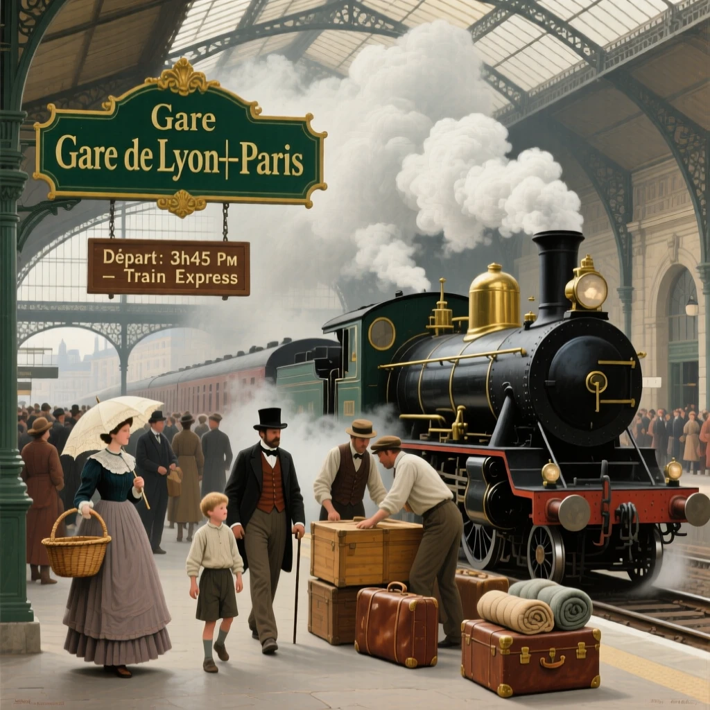 A 19th-century train station filled with travelers and billowing steam, with rich period-accurate clothing, tools, and architecture throughout, designed to feel both historically authentic and visually striking
