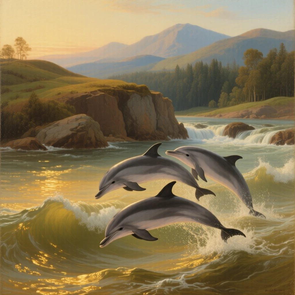 A pod of dolphins leaping through golden evening waves as instinct and elegance move in perfect harmony, set beside a rushing river cutting through ancient hills, with distant mountains or forests fading softly into the horizon; a low, respectful vantage point lends the creature quiet majesty, suggesting the timeless harmony between nature and spirit.