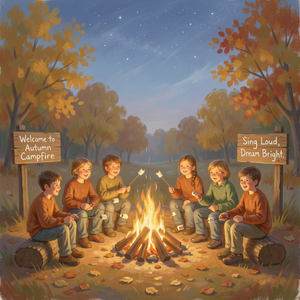 A summer camp bonfire with children roasting marshmallows and singing beneath a star-filled sky, in the golden days of autumn, filled with warmth and nostalgia.