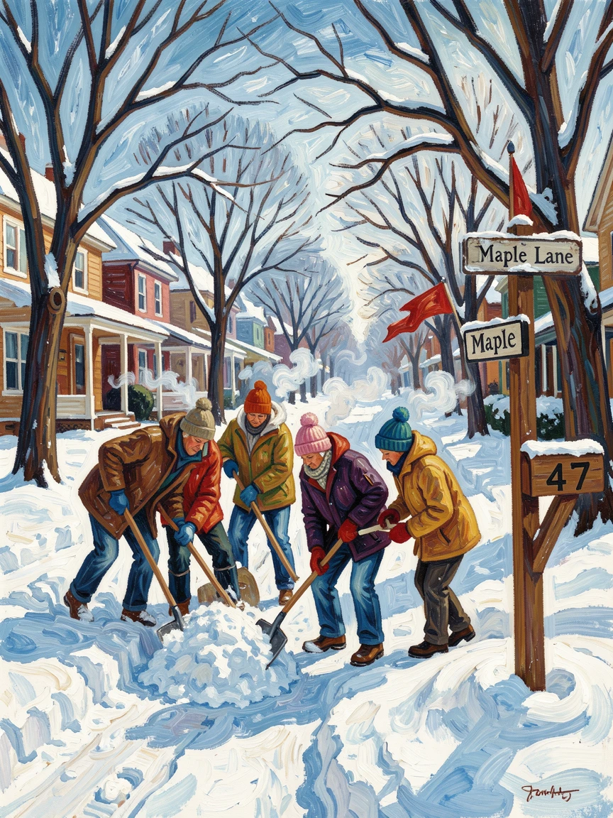 A group of neighbors shoveling snow together on a quiet street after a heavy storm.