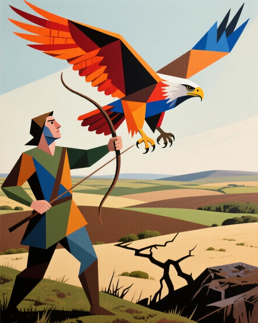 A falconer releasing a majestic hawk into flight over open moorland.