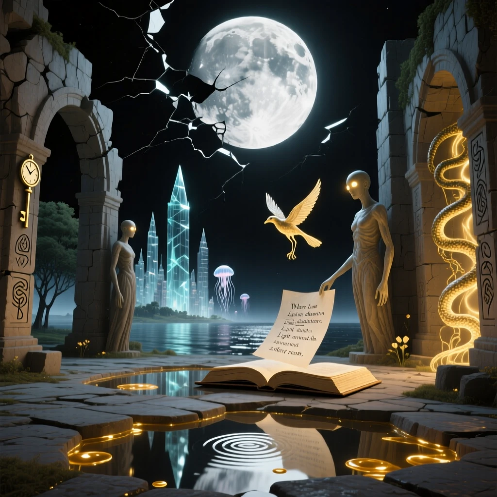 An ancient ruin where moonlight pools like liquid silver on the floor waits patiently, untouched by the passage of centuries, as faint golden light spills from cracks in its walls.
