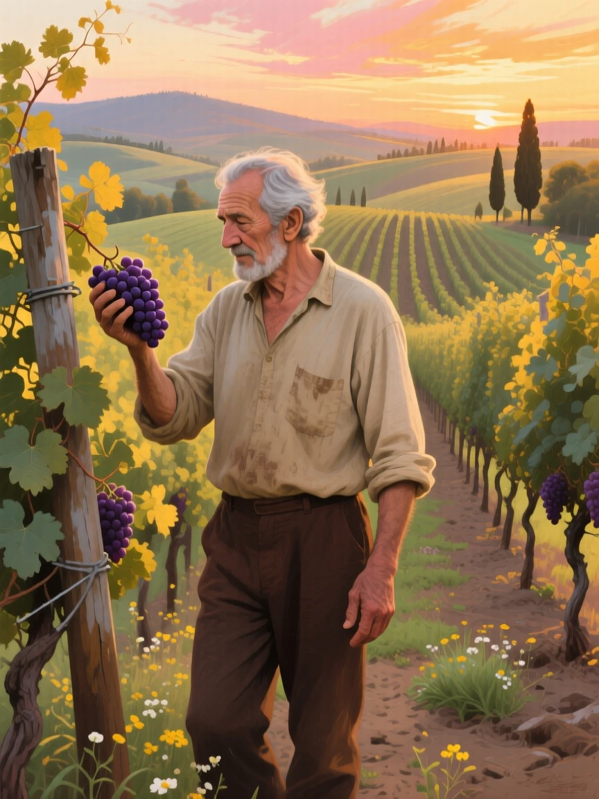 A weathered vineyard worker inspects a bunch of ripe grapes at golden hour, rows of vines stretching into the distance behind rolling Tuscan hills, the surrounding environment framing them naturally without overwhelming the human focus of the scene.
