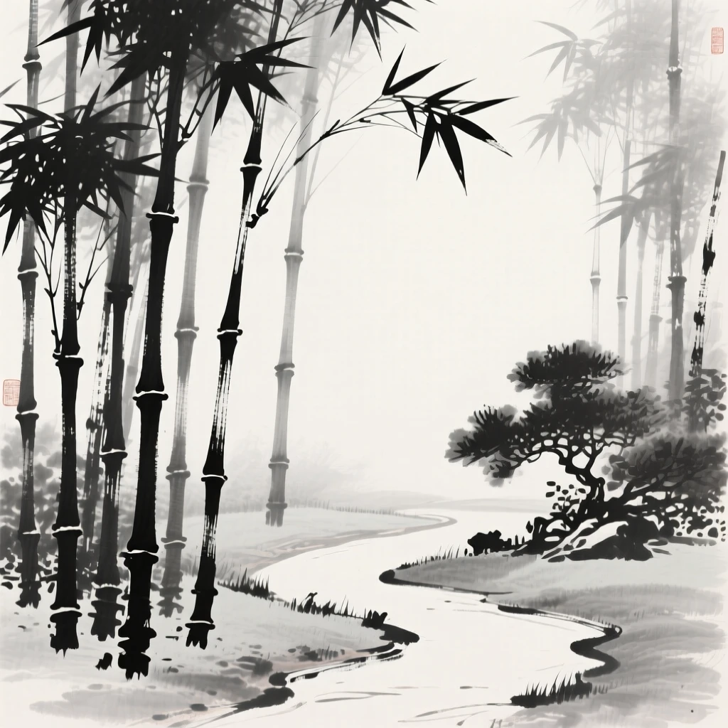 Tall bamboo stalks rise beside a quiet garden path, as filtered light reaches the forest floor.