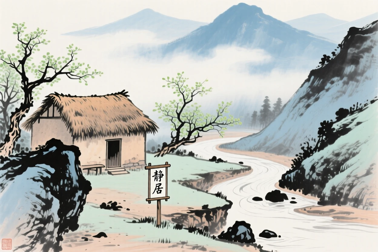 A rustic thatched cottage beside a bend in a mountain stream, beneath low hanging clouds, in early spring.
