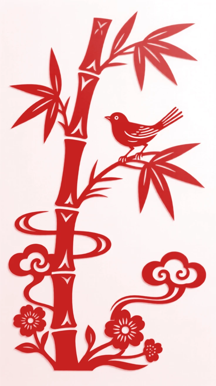 A bamboo stalk bending gently in the wind, joints clearly defined, a small bird balancing on one leaf