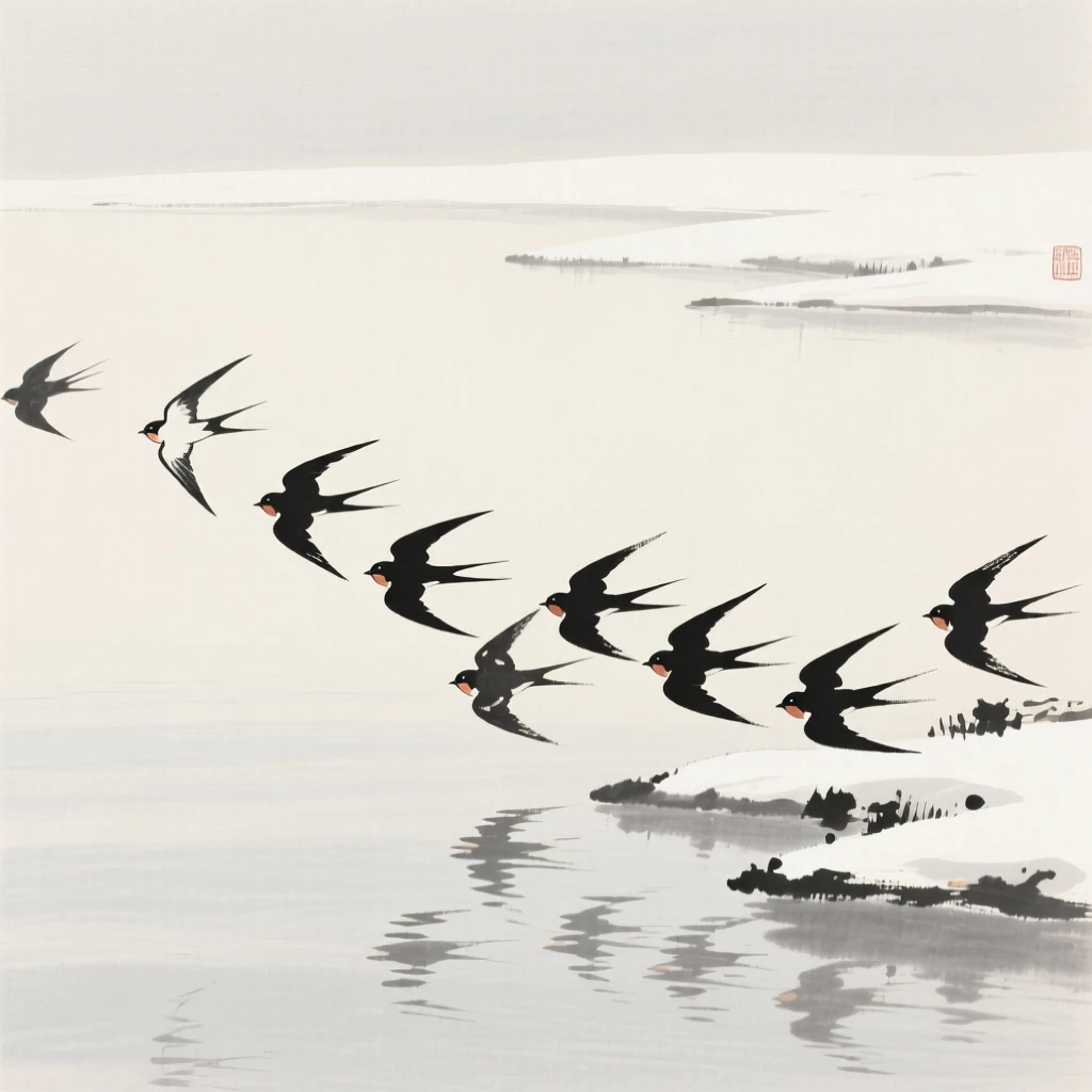 A flock of swifts gliding low across the water's surface against a pale, empty winter sky, positioned in one corner, leaving airy negative space, conveying serenity and effortless movement.