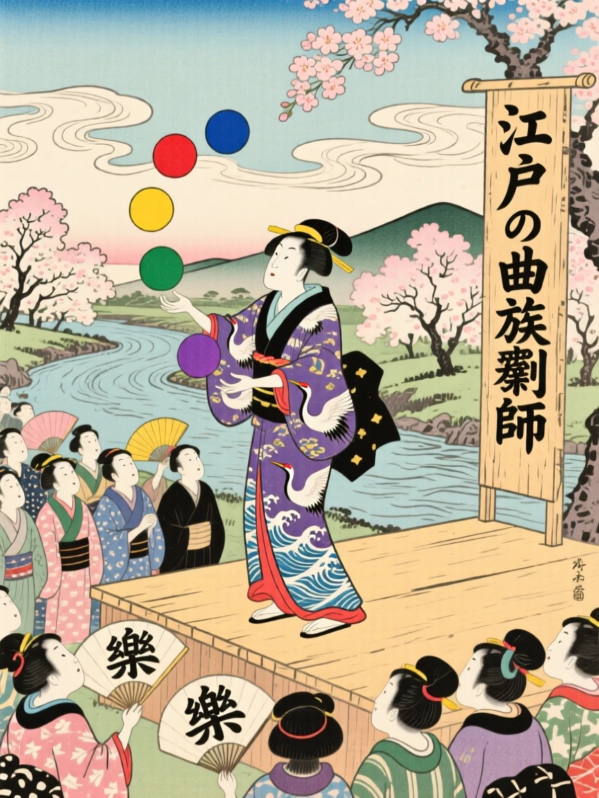 A puppeteer juggling colorful balls before a crowd.