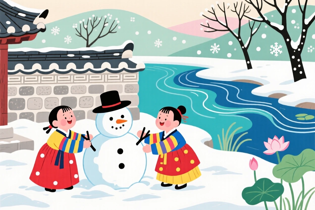 Children building a small snowman in a courtyard beside a quiet river.