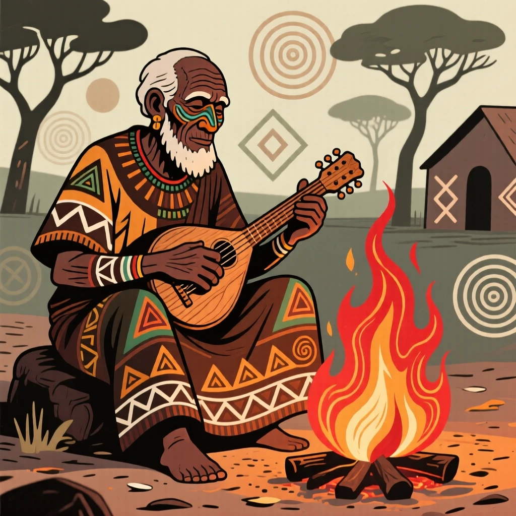 An elder playing a thumb piano gathered around a blazing bonfire.