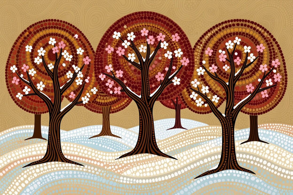 A blooming cherry orchard after a fresh snowfall