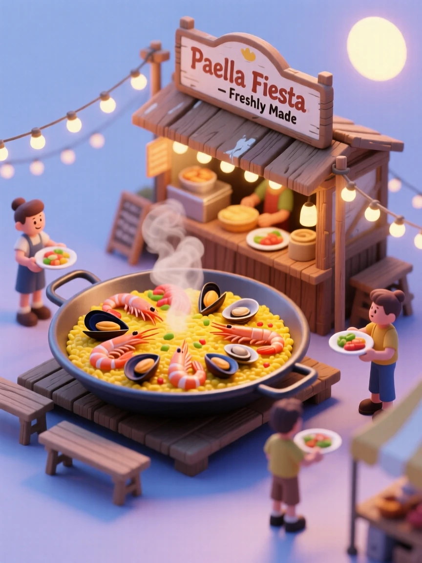 A bustling paella stand at an outdoor festival, a giant pan sizzling with saffron rice and seafood, steam rising into the evening air.