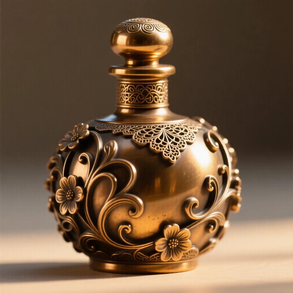 An ornate perfume bottle catching golden light, with delicate texture and fine ornamentation, radiating elegance and refinement