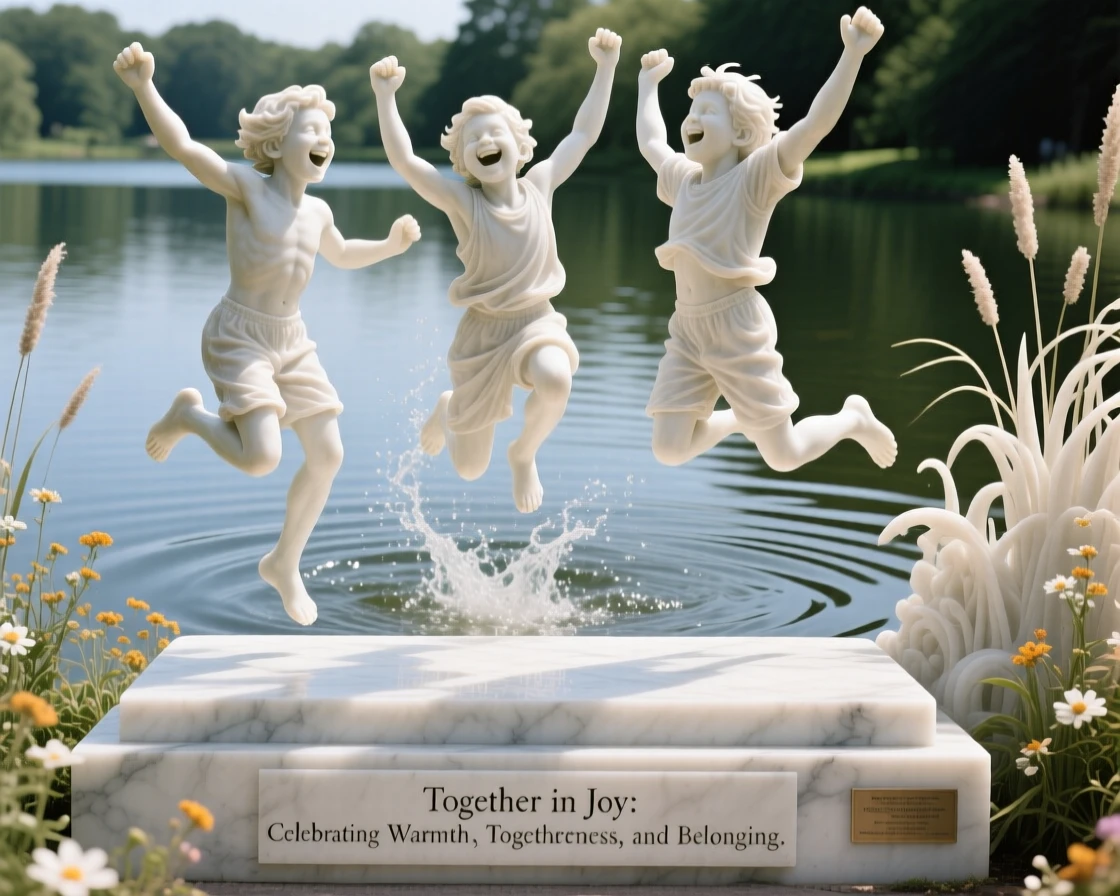 A joyful scene of cousins jumping into a lake on a summer day, capturing warmth, togetherness, and belonging