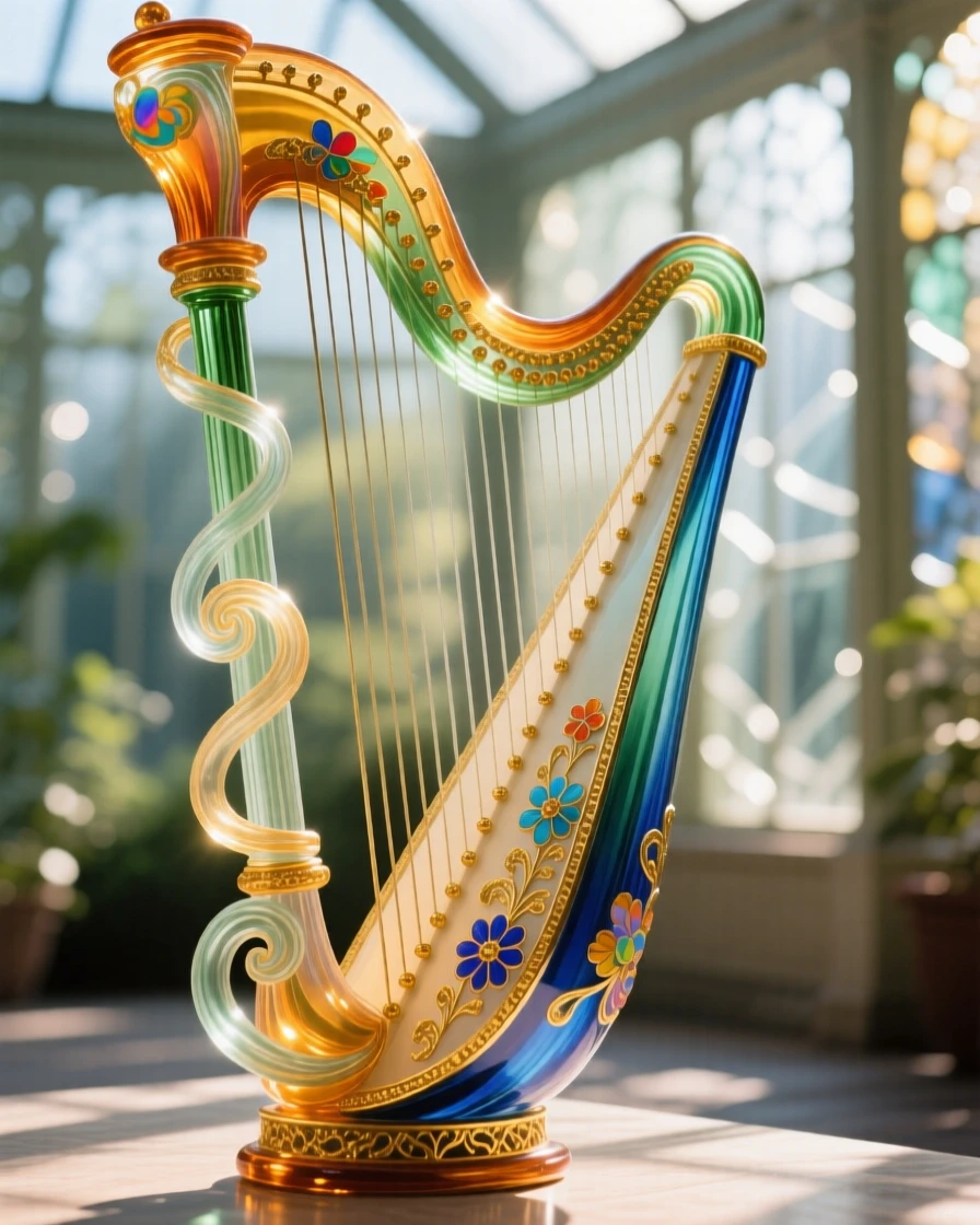 A grand harp standing alone in a sunlit conservatory, elegant and serene.