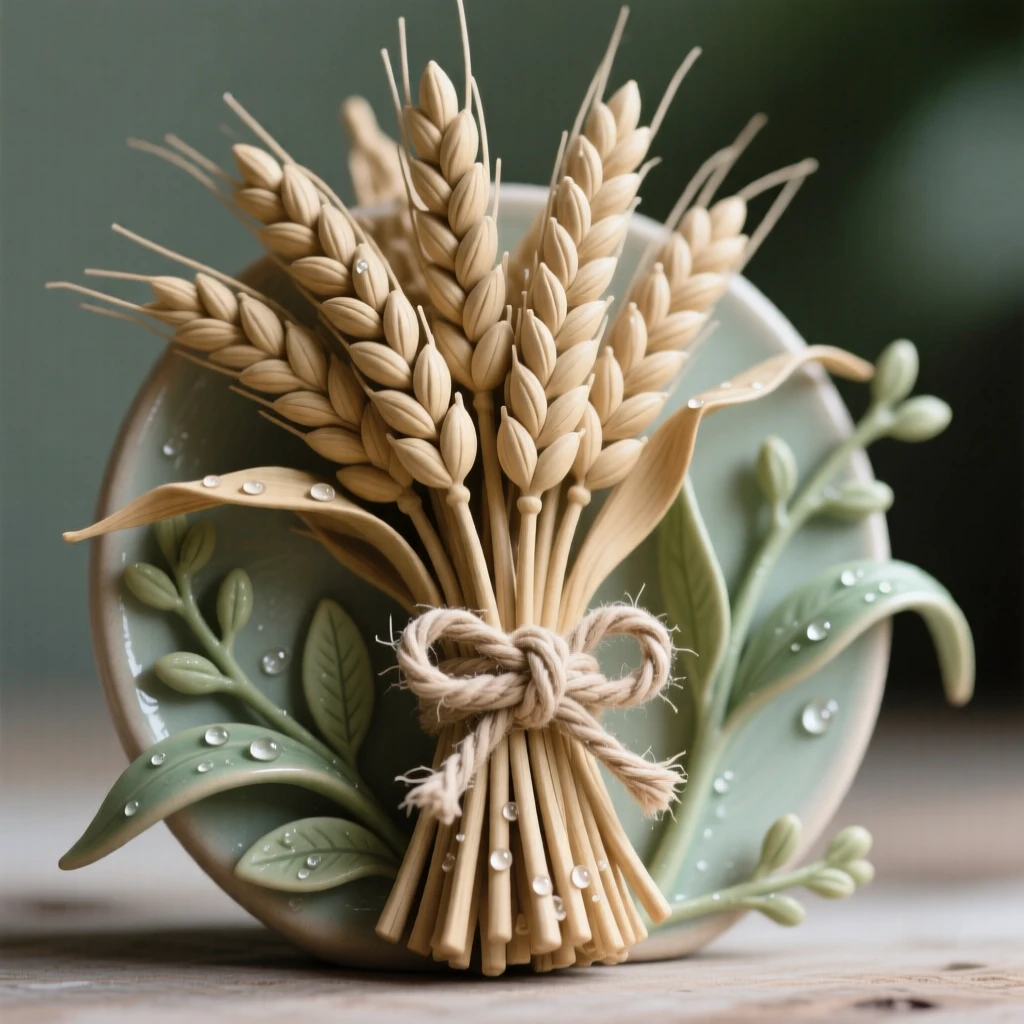 A bundle of dried wheat tied with twine framed by soft surrounding greenery, with dew glistening on each petal, evoking fragile beauty and quiet renewal.