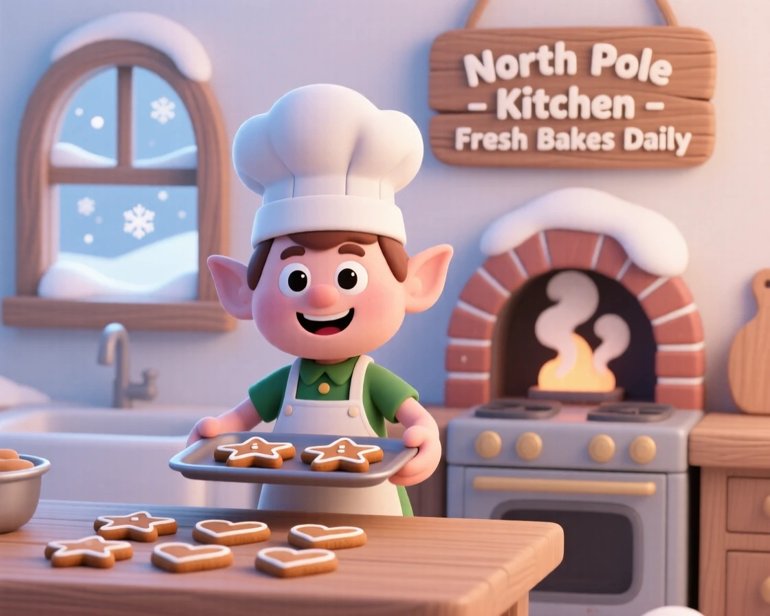A jolly elf chef bakes a tray of gingerbread cookies in a cozy North Pole kitchen filled with steam.