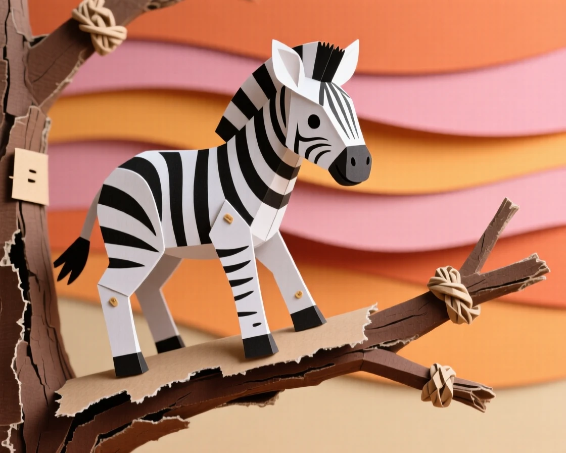 A striped zebra foal perched on a weathered branch, with warm sunset colors filling the sky, capturing playful joy and warmth.
