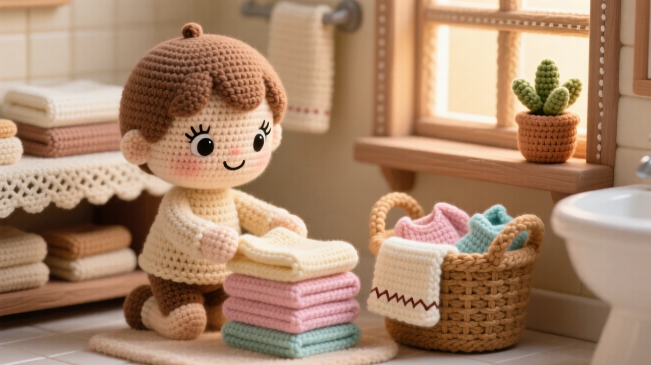 a small child folding laundry, with a small basket of tiny clothes, carefully stacking folded towels, in a warm bathroom with towels folded neatly, with a small potted plant on the windowsill nearby, radiating warm familial love and simple comfort.