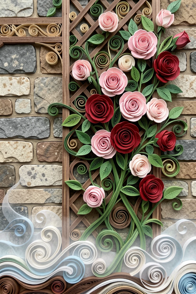 A serene botanical study of a garden trellis overflowing with climbing roses beside a weathered stone garden wall, under a light mist rising from the ground, captured in a close-up macro composition.